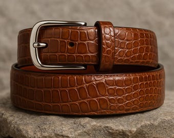 Handmade Crocodile Embossed Leather Belt: Brown Cowhide with Silver Buckle