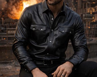 Men’s Black Genuine Leather Western Shirt, Button-Down Jacket