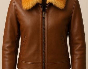 Handmade Brown Leather Jacket, Real Fox Fur Collar, Women's Winter Coat