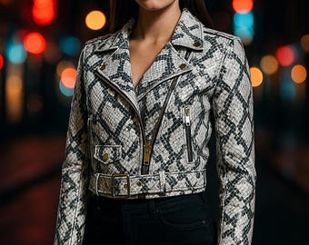 レディース ラグジュアリー スネークスキンレザー バイカージャケット クロップド丈 モトスタイル ゴールドジッパー＆ベルト付き