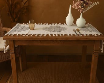 Handmade Cotton-Linen Table Runner – Cream & Black Prints, Tasseled Edges - Boho Naturel Table Cover