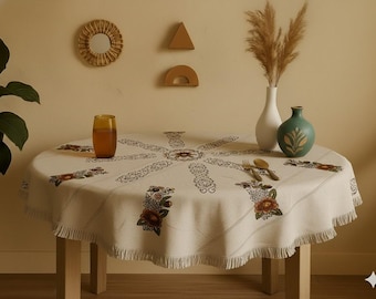 Nappe ronde en coton beige scintillante faite main - Broderie florale avec glands - 150 x 150 cm - Décoration de cuisine