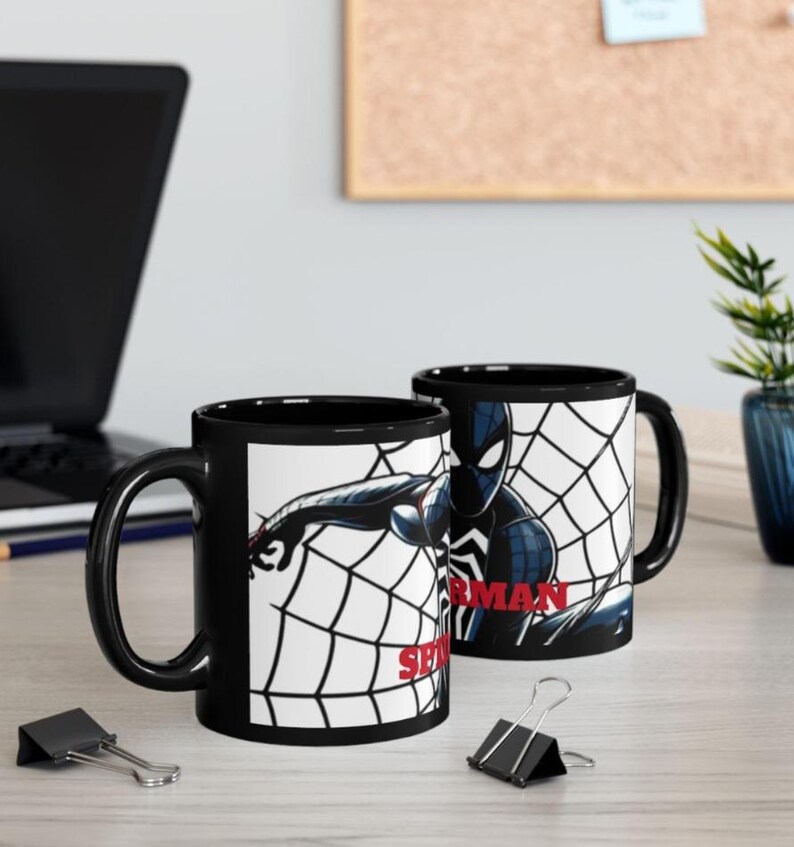 Spiderman Black Mug | superhero inspired Coffee Cup, coffee lovers gift image 4