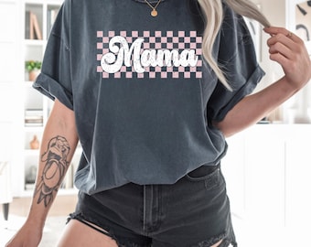 Comfort Colors Retro Mama Shirt, Checkered Mama T-Shirt, Pink Checkered Mom Tee,