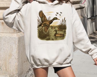 Vintage Mallard Duck Sweatshirt, Nature Lover Hoodie, Retro Wildlife Graphic Sweater, Hunter Gift, Duck Pond Scene, Artistic Bird Apparel