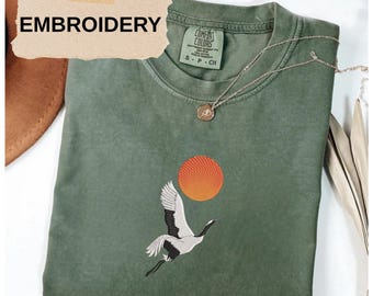 Embroidered Crane Bird Sun Comfort Colors Tee, Japanese Style Nature Shirt, Minimalist Flying Bird Top, Sunset Zen Aesthetic Gift