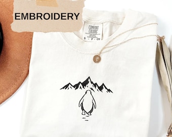 Embroidered Lonely Penguin Mountain Comfort Colors Tee, Minimalist Adventure Shirt, Antarctic Nature Lover Gift, Wanderlust Penguin Top