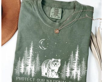 Protect Our National Parks Shirt, Comfort Colors Bear Tee, Nature Lover Gift, Vintage Forest Scene Top, Wildlife Protection Graphic Tee