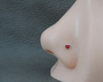 Tiny Red Heart Nose Stud en argent sterling, Heart Nose Stud, Tiny Heart Jewelry, Silver Nose Stud, Tiny Nose Stud, Body Piercing