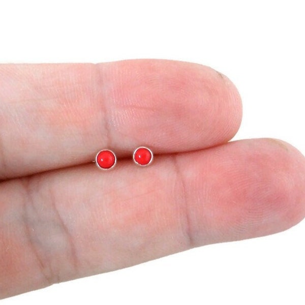 Tiny Coral Stud Earrings in Sterling Silver, Red Coral Earrings, 3mm Earrings, Tiny Earrings, Dainty Earrings, Southwestern Jewelry