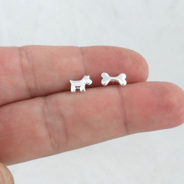 Dog & Bone Earrings in Sterling Silver, Dog Earrings, Mismatched Earrings, Kids Earrings, Tiny Studs, Puppy Dog Earrings,  Dainty Earrings