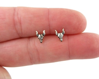 Bull Skull Earrings in Sterling Silver, Bull Skull Earrings, Cow Skull Studs, Western Earrings, Cowgirl Earrings, Tiny Earrings,Skull Studs