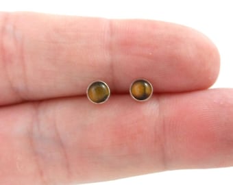 Tigers Eye Stud Earrings in Sterling Silver, Tigers Eye Earrings, 4mm Earrings, Minimalist Earrings, Dainty Earrings, Tigers Eye Jewelry