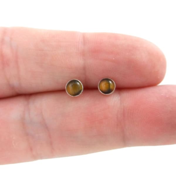 Tigers Eye Stud Earrings in Sterling Silver, Tigers Eye Earrings, 4mm Earrings, Minimalist Earrings, Dainty Earrings, Tigers Eye Jewelry