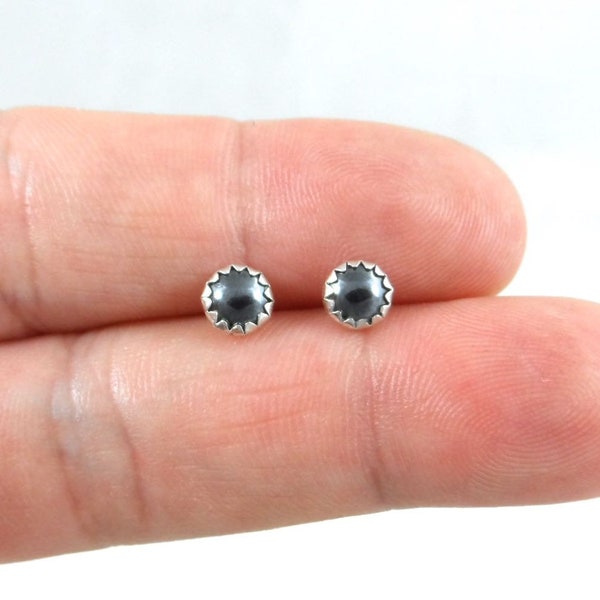 Hematite Stud Earrings in Sterling Silver, Hematite Earrings, 5mm Earrings, Minimalist Earrings, Dainty Earrings, Hematite Jewelry