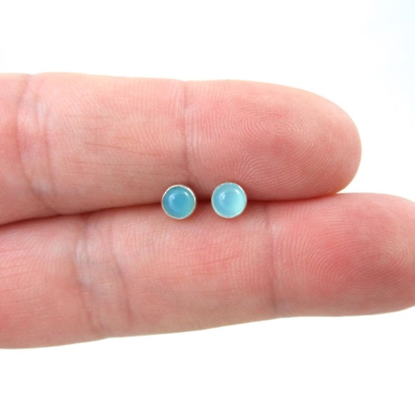 Aqua Chalcedony Earrings in Sterling Silver, Chalcedony Earrings, 4mm Studs, Dainty Studs, Gemstone Studs, Dainty Earrings, Gift for Her