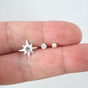 SALE! 3 SINGLE Earrings in Sterling Silver, Star Earrings, Mismatched Earrings, North Star Studs, Sterling Silver Studs, Multiple Piercing