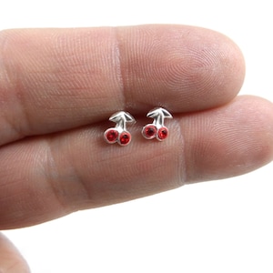 Red Cherry Sterling Silver Stud Earrings, Cherry Earrings, Kids Earrings, Tiny Studs, Fruit Earrings, Pin Up Girl Studs, Dainty Earrings