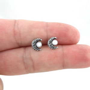 Opal Moon Earrings in Sterling Silver, Crescent Moon Earrings, Moon Studs, Sterling Silver Earrings, Girls Earrings, Dainty Earrings
