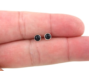 Black Onyx Studs in Sterling Silver, Onyx Stud Earrings, 4mm Onyx Earrings, Sterling Silver Black Earrings, Minimalist Studs, Boho Earrings