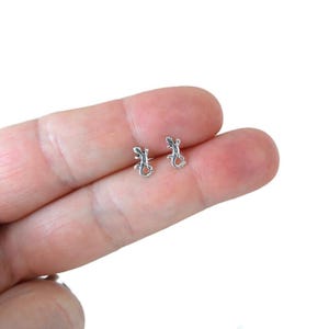 May include: A pair of small, silver-colored lizard-shaped stud earrings. The earrings are detailed with a stylized lizard design, featuring a curled tail and small legs. The earrings are shown against a light background.