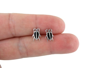 Black Beetle Earrings in Sterling Silver, Beetle Earrings, Beetle Bug Studs, Insect Studs, Silver Insect Earrings,Dainty Earrings