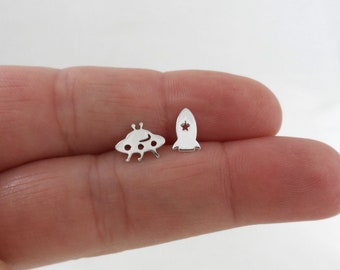 UFO & Rocket Ship Earrings in Sterling Silver, UFO Sterling Silver Earrings, Rocket Ship Earrings, Dainty Earrings, Mismatched Studs
