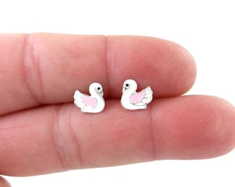 Swan Earrings in Sterling Silver, Swan Earrings, Silver Bird Studs, Tiny Silver Studs, Tiny Swan Studs, Kids Earrings, Dainty Earrings