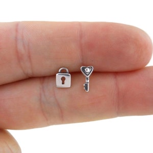 Lock & Key Earrings in Sterling Silver, Lock and Key Earrings, Key Studs, Sterling Silver Earrings, Dainty Earrings, Mismatched Studs