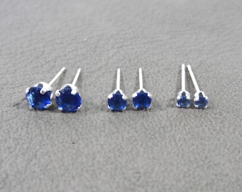Pendientes de zafiro y plata de ley, pendientes de zafiro, piedra natal de septiembre, pendientes de 2 mm, pendientes de 3 mm, pendientes de 4 mm, pendientes de piedras preciosas azules,
