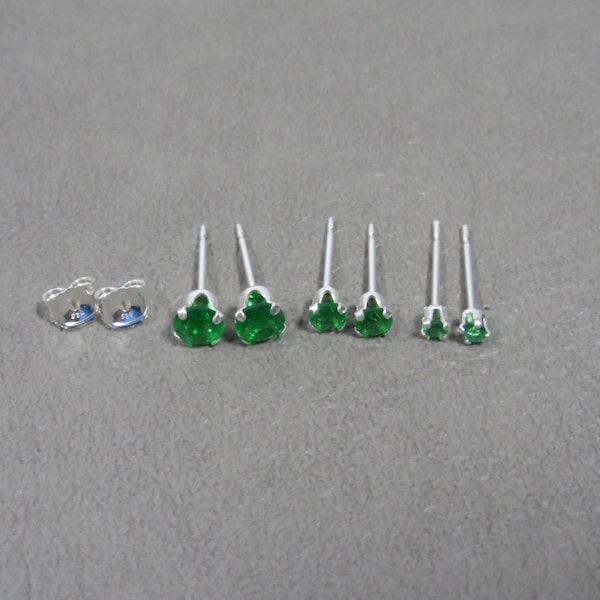 Emerald Sterling Silver Stud Earrings, Emerald Studs, May Birthstone, 2mm Studs, 3mm Studs, 4mm Studs, Gemstone Earrings, Dainty Earrings