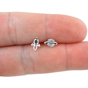 Saturn & Rocket Ship Earrings in Sterling Silver, Planet Sterling Silver Earrings, Rocket Ship Earrings, Dainty Earrings, Mismatched Studs