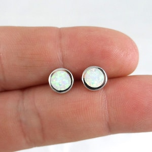 Opal Earrings in Sterling Silver, Opal Earrings, Opal Studs,  Circle Studs, Tiny Opal Studs, Dainty Earrings, 7mm Opal Studs