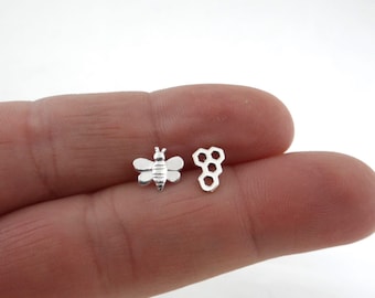 Orecchini a forma di ape e nido d'ape in argento sterling, orecchini a forma di ape, orecchini a forma di nido d'ape, orecchini in argento sterling, orecchini delicati, orecchini a forma di nido d'ape spaiati