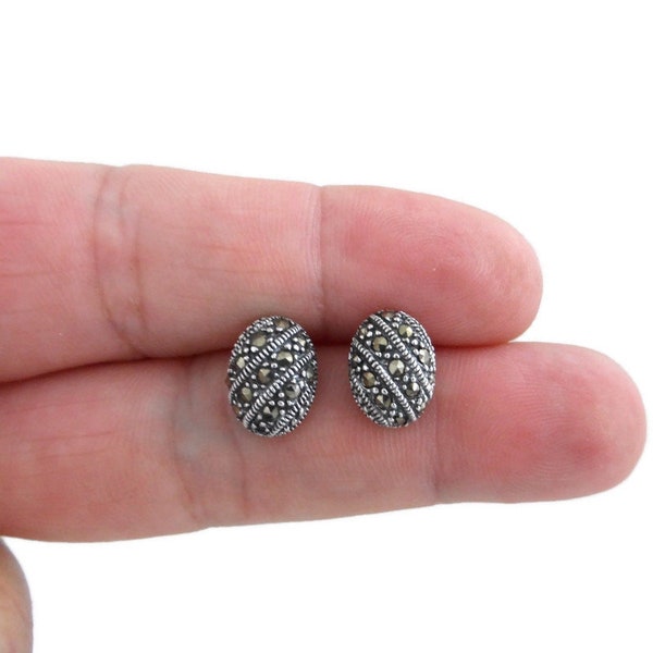 Marcasite Earrings in Sterling Silver, Oval Sparkle Stud Earrings, Marcasite Earrings, Dainty Earrings, Marcasite Studs, Gift for Her