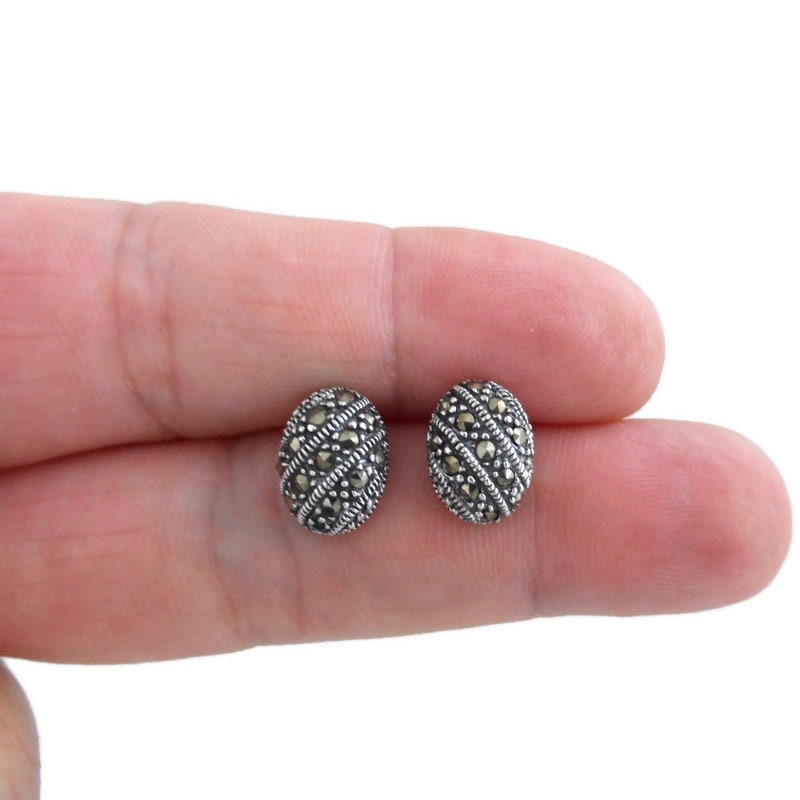 Marcasite Earrings in Sterling Silver, Oval Sparkle Stud Earrings, Marcasite Earrings, Dainty Earrings, Marcasite Studs, Gift for Her