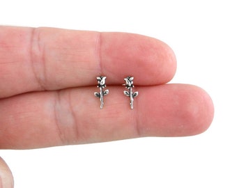 Rose Earrings in Sterling Silver, Flower Earrings, Rose Earrings, Rose Stem Earrings, Sterling Silver Studs, Flower Studs, Gift for Her