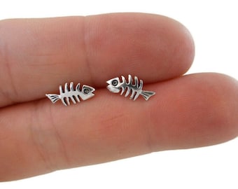 Fishbone Earrings in Sterling Silver, Fish Skelton Earrings, Fish Studs, Tiny Studs, Tiny Earrings, Sterling Silver Studs, Dainty Earrings