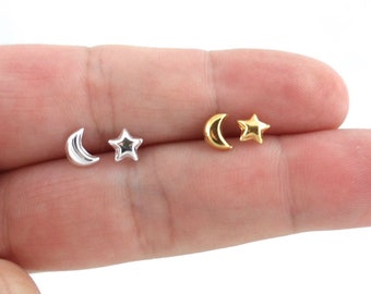 Star & Moon Sterling Silver Stud Earrings, STAR Earrings, Moon Earrings, Tiny Studs, Celestial Earrings, Minimalist Earring, Dainty Earrings