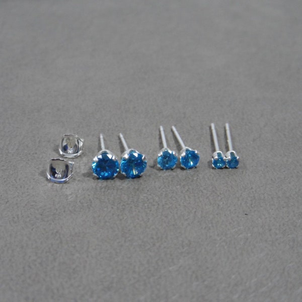 Blue Zircon Sterling Silver Earrings, Blue Zircon Studs, December Birthstone, Girls Earrings, Baby Studs Gemstone Earrings, Dainty Earrings