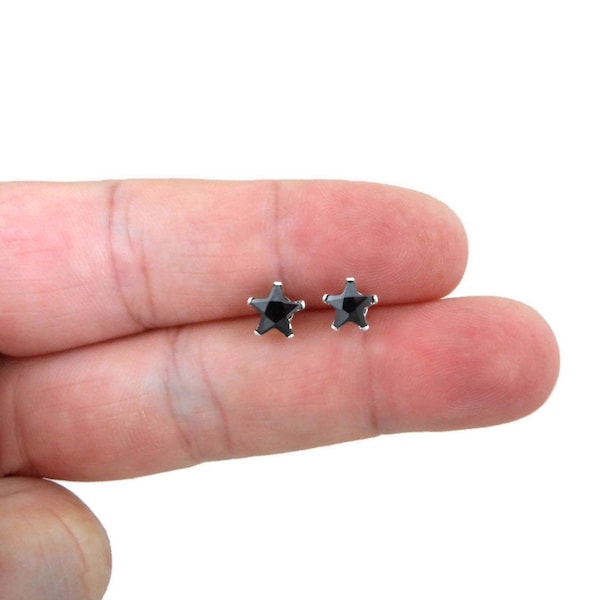 Black Star Earrings in Sterling Silver, Black Spinel Star Earrings, 6mm studs, Tiny Star Studs, Dainty Star Studs, Sterling Silver Earrings