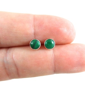 Malachite Stud Earrings in Sterling Silver, Malachite Earrings, 5mm Earrings, Minimalist Earrings, Dainty Earrings, Green Stone Studs