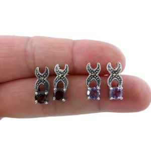 Marcasite Earrings in Sterling Silver, Amethyst Earrings,Garnet Earrings, Gemstone Jewelry,Marcasite Jewelry Stud Earrings, Gift for Her