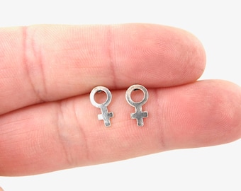 ¡OFERTA! Pendientes con símbolo femenino en plata de ley, Pendientes de botón de género, Pendientes de botón con símbolo femenino de plata, Pendientes de botón femenino, Pendientes pequeños, Pendientes de tuerca de ley