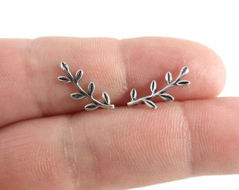 Tiny Leaf Earrings in Sterling Silver, Branch Stud Earrings, Leaf Earrings, Dainty Earrings, Sterling Silver Earrings, Gift for Her