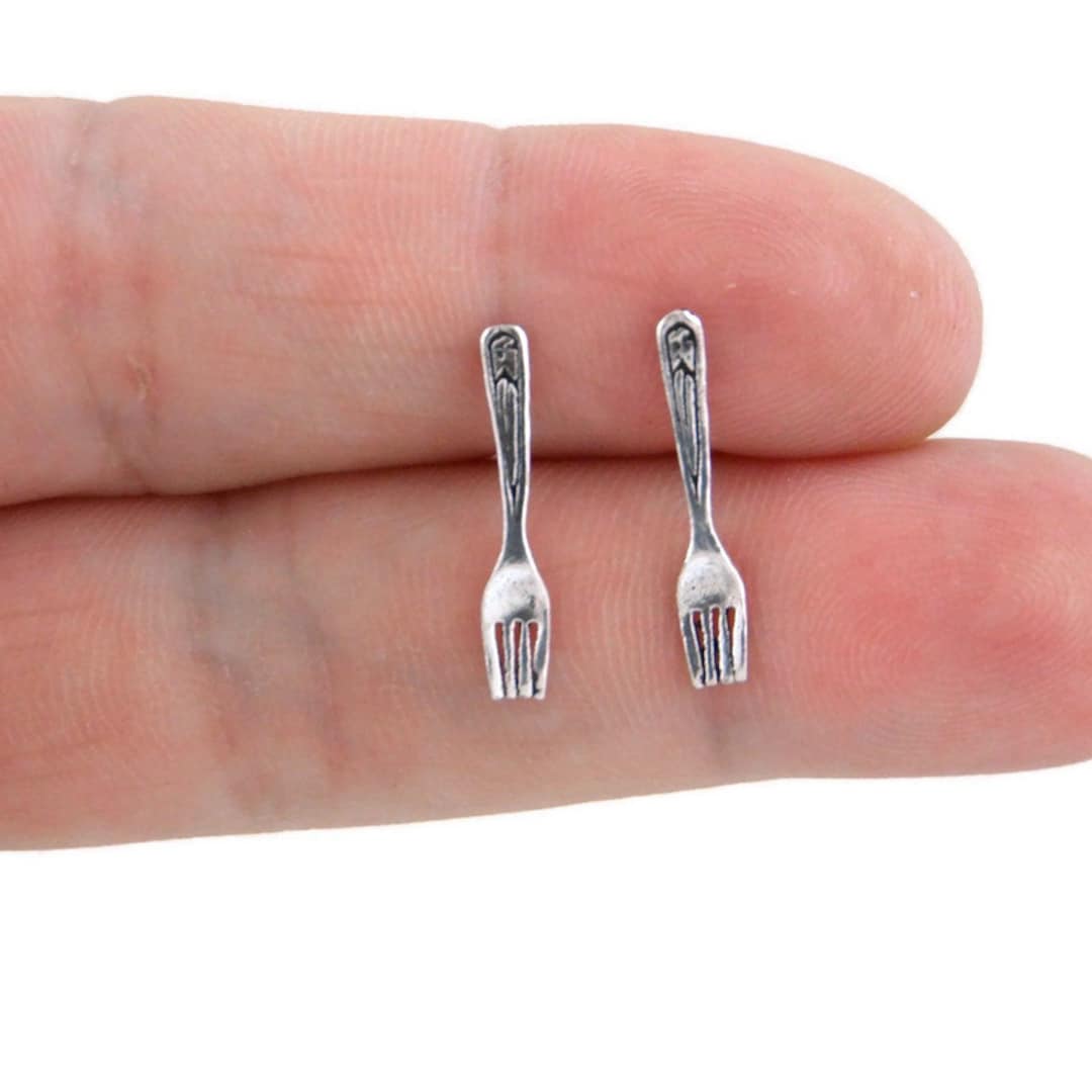 Tiny Fork Earrings Sterling Silver, Fork Silver Earrings, Cutlery