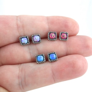 Square Opal Earrings in Sterling Silver, Opal Earrings, Opal Studs, Square Studs, Tiny Opal Studs, Dainty Earrings,Silver Opal Studs