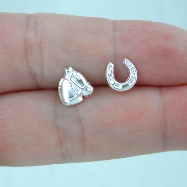 Horse & Horseshoe Earrings in Sterling Silver, Horse Studs, Horseshoe Studs, Tiny Studs, Mismatched Earrings, Cowgirl Earrings, Kids Studs