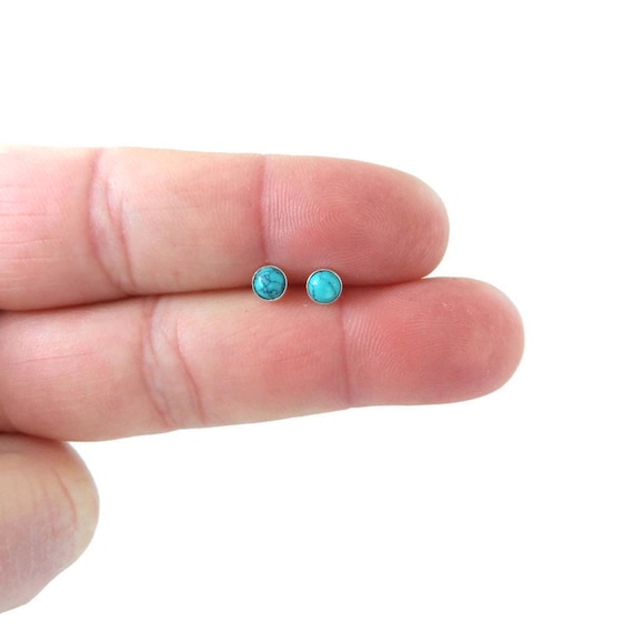 Turquoise Sterling Silver Earrings, Turquoise Silver Studs, 4mm Turquoise Earrings, Tiny Studs, Minimalist Earrings, Boho Earrings