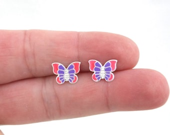 Butterfly Earrings In Sterling Silver, Butterfly Earrings, Pink Butterfly Studs, Tiny Studs, Girls Earrings, Dainty Earrings, Gift for Her